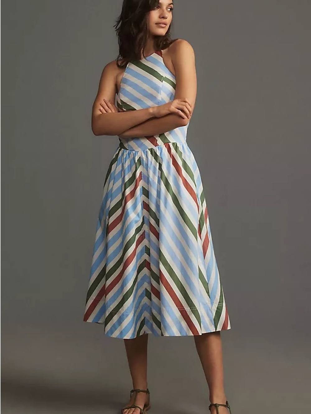 Anthropologie Striped Halter Midi Dress in Blue, Green, Rust
